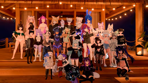 Arti and 28 other vrchat avatars posed on wooden stairs in front of a small wooden building, on a beach at night, lit by string lights along the top of the frame.